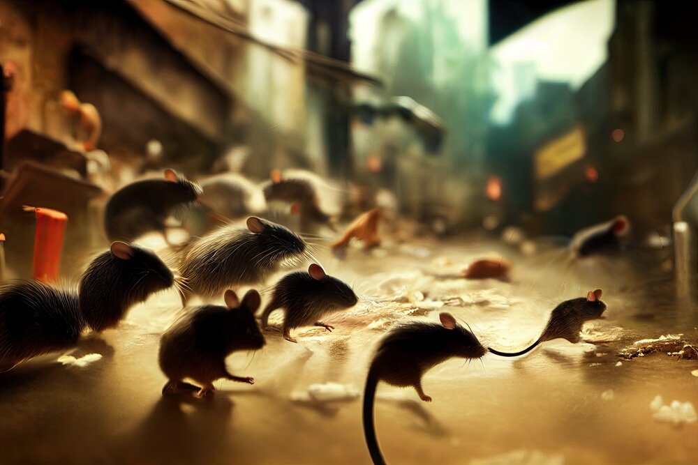 Mice Infestations. Large gathering of Mice On Urban Roads At Night.