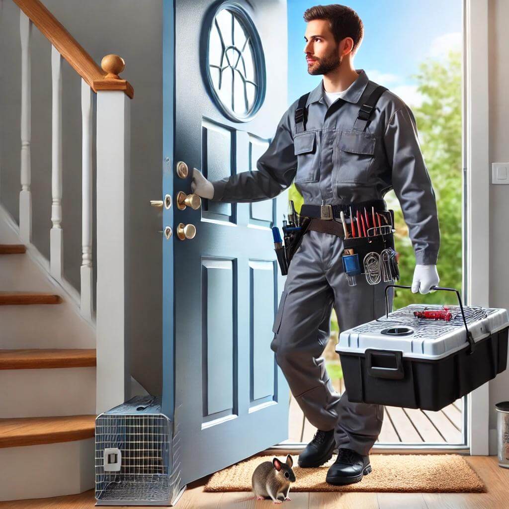 Mice removal. Image concept of Pest control tech entering home.